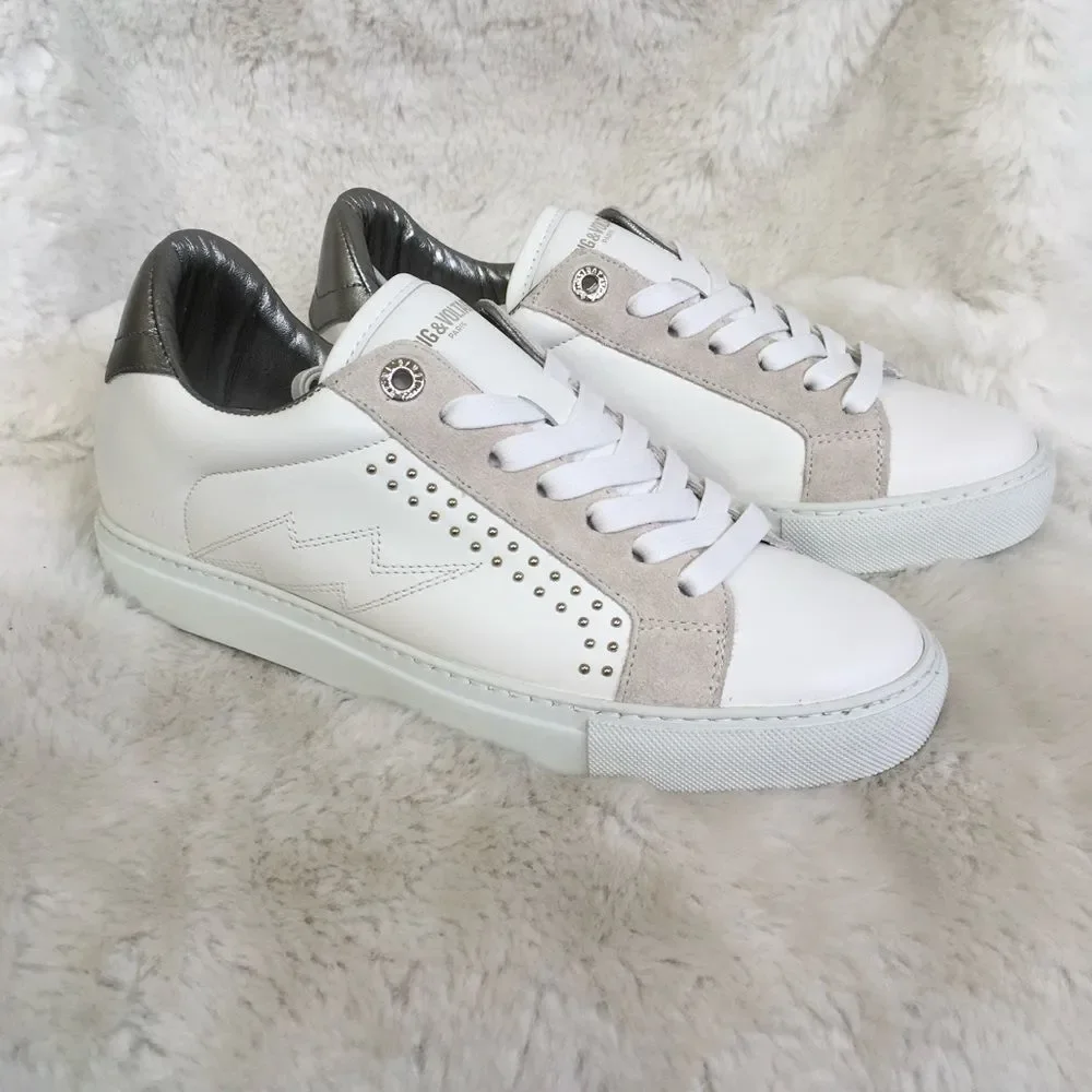 NEW ZADIG & VOLTAIRE White Leather Lightning Bolt Studded Sneakers Size 10